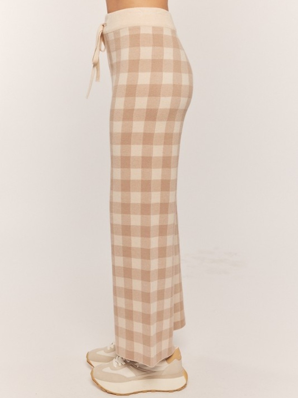 Beige Plaid Wide-Leg Knit Pants - Women - Picture 4 of 7